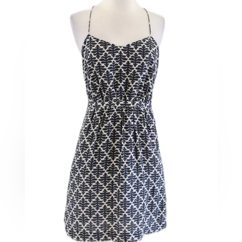 Madewell 100% Silk Halter Dress Geo Print Razorback with Keyhole Black S…